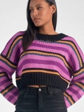 Elan Striped Purple and Black Cropped Chunky Knit Sweater